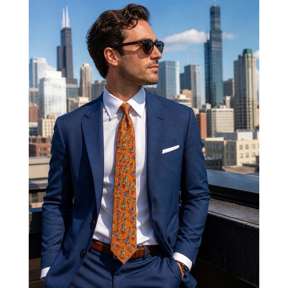 Bird‎ Dog Bay Tie 'Windy City' Burnt Orange Silk Chicago Landmarks Novelty Bean